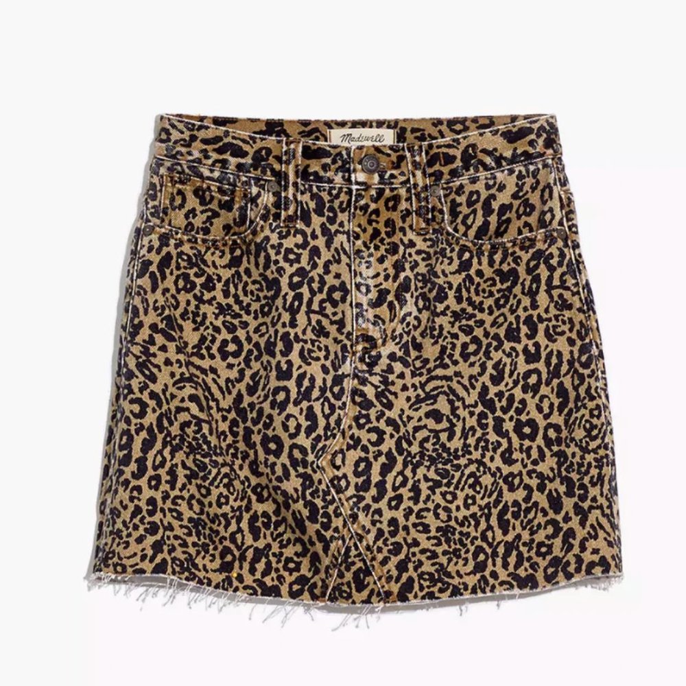 Rigid Denim A-Line Mini Skirt in Leopard